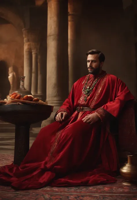 Realistic image of a man lying on the ground in ancient imperial robes and a glass of poisoned wine next to him