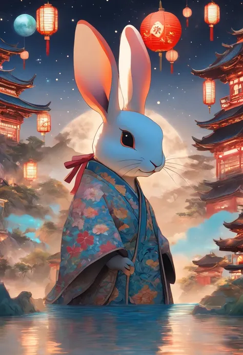 A rabbit，anthropomorphic turtle，Wear traditional Chinese clothing，Detailed and beautiful face，Chinese Mid-Autumn Festival，Standing on the moon，Behind him is a white Chinese palace，Look at the earth，Want to go home，Starry sky and earth as background，（full b...