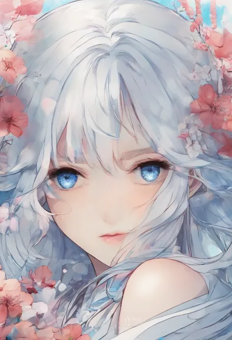 Kiana Kaslana，A girl with long white hair，8K，Delicate girl，Armed with a red giant sword，blue colored eyes，White clothes，Cute，Masterpiece，Gentle and sweet，火焰