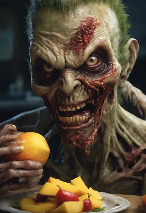 An Anime masterpiece Zombie eating a Mango  Cinematic, terror, horror, orange goo