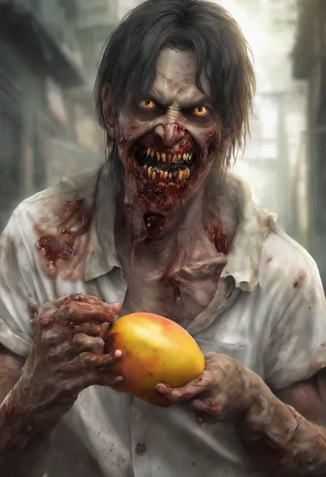 An Anime masterpiece Zombie eating a Mango  Cinematic, terror, horror, orange goo