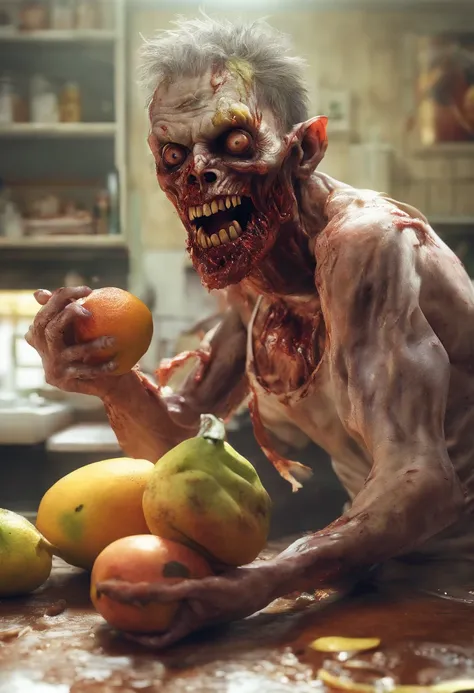 An Anime masterpiece Zombie eating a Mango  Cinematic, terror, horror, orange goo