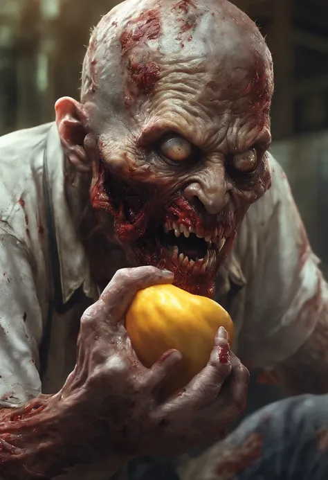 An Anime masterpiece Zombie eating a Mango  Cinematic, terror, horror, orange goo