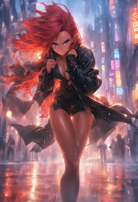 handsome girl, leather black long raincoat, naked muscular body, thigh holster, Long red hair, cunning playful expression on his face;, Bright make-up, Empty City Street, A cloudy day, photographic quality.