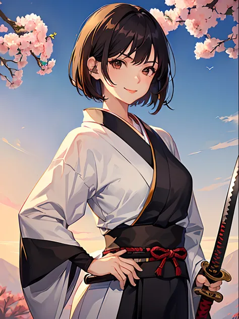 1girl, solo, japanese clothes, short hair, weapon, sword, brown eyes, looking at viewer, kimono, brown hair, lips, hand on hip, sheath, smile, katana, black hair, upper body, closed mouth, sheathed, hand up