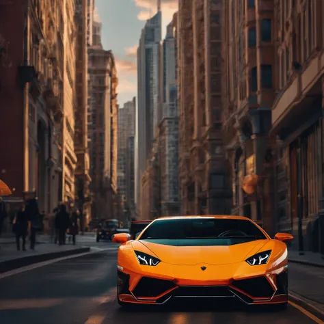 a lamborghini design in street and in the skylines in the background, illustration,