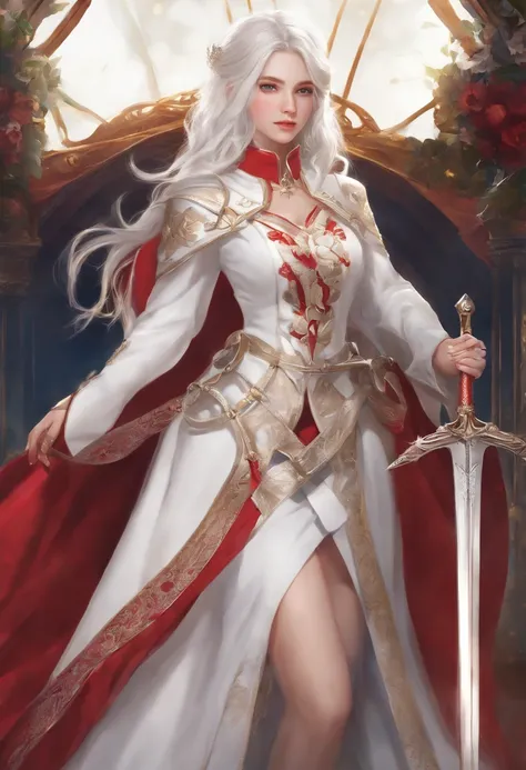 kiana，A girl with long white hair，8K，Delicate girl，Armed with a red giant sword，blue colored eyes，White clothes，Cute，Masterpiece，Gentle and sweet，火焰，