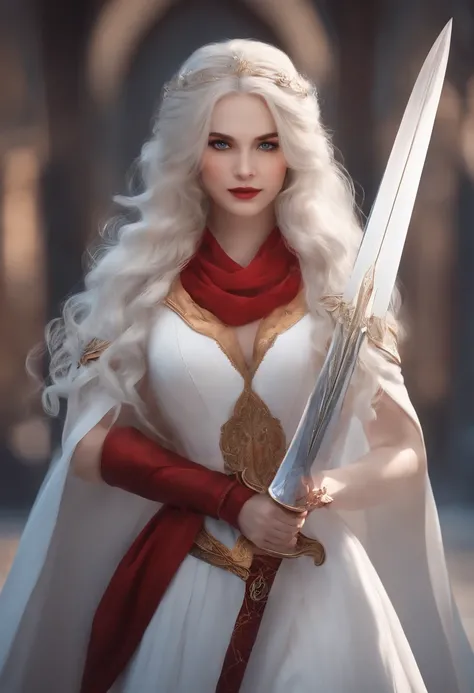 kiana，A girl with long white hair，8K，Delicate girl，Armed with a red giant sword，blue colored eyes，White clothes，Cute，Masterpiece，Gentle and sweet，Wear a red coat，