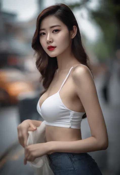 ultra realistic, best beautiful korean girl , on street, white tiered skirt (very short, wet, see-throuh), cleavage, white tank top (Ultrathin),