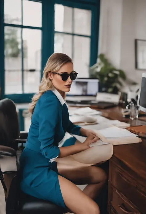 Primer plano de una mujer con camisa azul y bragas blancas, sat at her desk, en un escritorio, Sentado en un escritorio, Sitting behind the desk, frente a un ordenador, Cabello rubio y un cuerpo perfecto, Inclinarse, peeping from behind, un poco curvo, en ...