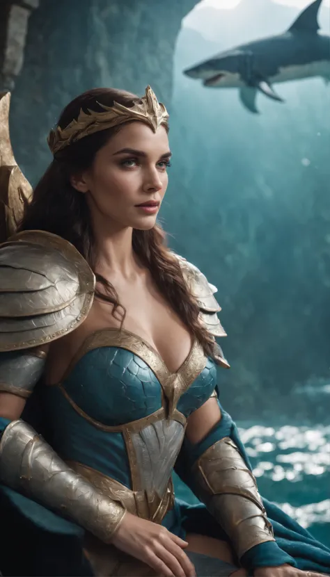 a beautiful woman queen of Atlantis super strong, muscular, ABS, sitting on a throne wearing stylish scale armor holding a trident in her hands, next to her a monster shark, a beautiful place with rising water bubbles and adorable creatures , 35mm lens, ph...