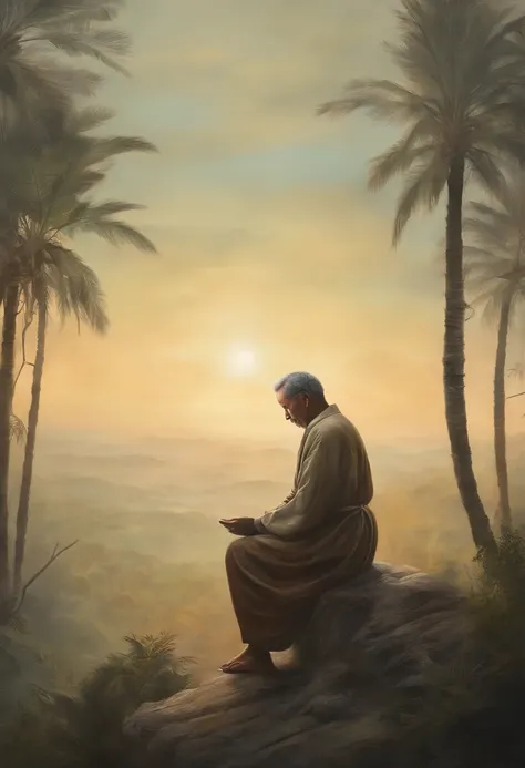 World Messianic Church of Brazil, Mokiti Okada, johrei, luz divina, Japanese man sitting praying to the heavens, diante de um orisonte lindo, com o sol se pondo, with one hand forward, in connection with the divine, foto retrato, Directed by: Drew Tucker, ...