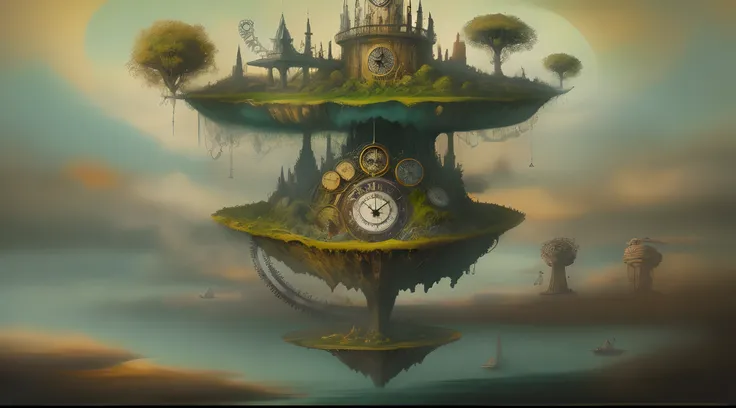 Surrealist painting of a floating island with giant clock gears, populated with mythical creature