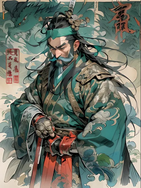 (((China-style，Ink painting method，Half-length portrait，Intense color，Han dynasty, China，Hanfu，Armor，Guan yu，Guan Yunchang，of a guy，Ruddy killing square face，Hold the Blue Dragon Moon Knife in his right hand，Stroke your beard with your left hand，Long hair，...