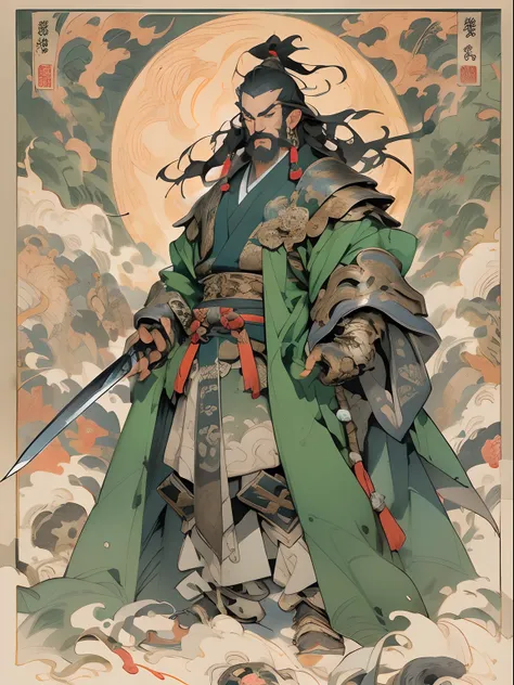 (((China-style，Ink painting method，Half-length portrait，Intense color，Han dynasty, China，Hanfu，Armor，Guan yu，Guan Yunchang，of a guy，Ruddy killing square face，Hold the Blue Dragon Moon Knife in his right hand，Stroke your beard with your left hand，Long hair，...