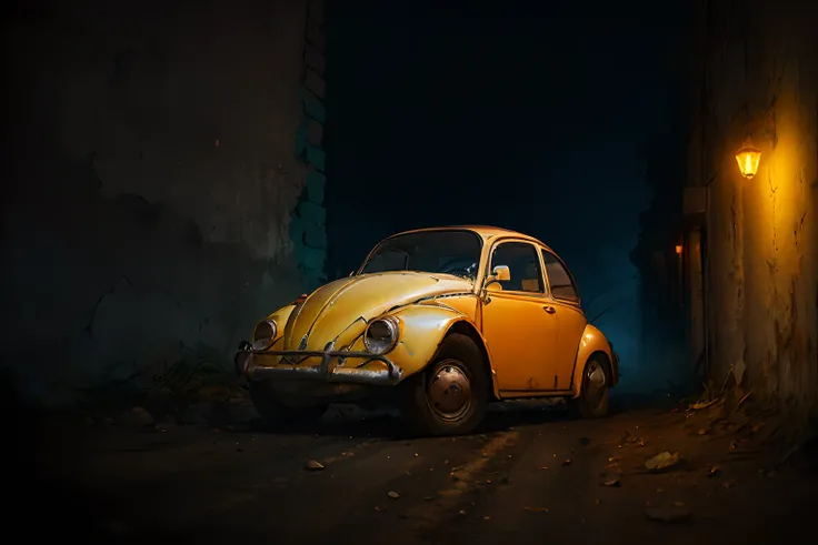 Grim photo of a Volkswagen Beetle car (dark red), headlight on, ((three-quarters view)), (dark sunset), driving on a dirt road, (city in ruins), 1969, ((horror film)), slasher movie, chainsaw massacre, amish cult, film grain, retro, high detail, sharp focu...