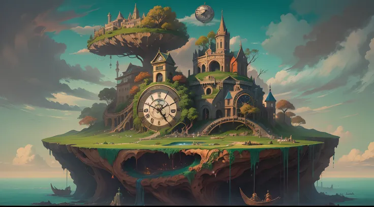 Surrealist painting of a floating island with giant clock gears, populated with mythical creatures.