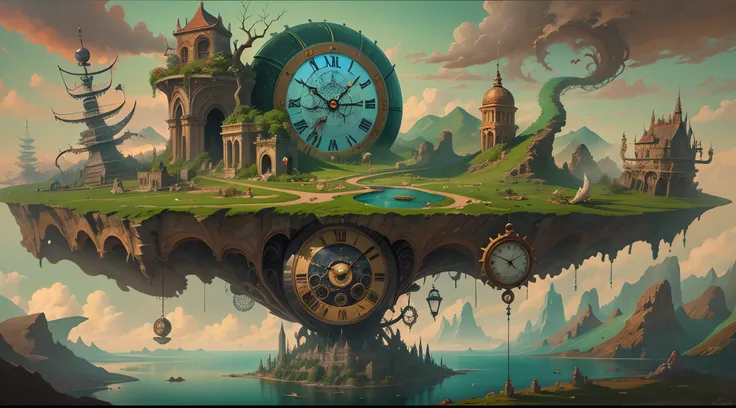 Surrealist painting of a floating island with giant clock gears, populated with mythical creatures.