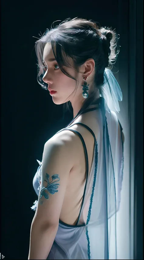 Long lavender hair,chonmage,pale blue color eyes,(Realistic:1.37)Red floral tattoo,Crystal earrings,Quinton,(surrealism:1.1),(Cinematic lighting:1.05),(reflective light:1.1),(Letterbox format:1.15),(profile:1.05),(From behind:1.1),(Best quality,4K,8K,A hig...