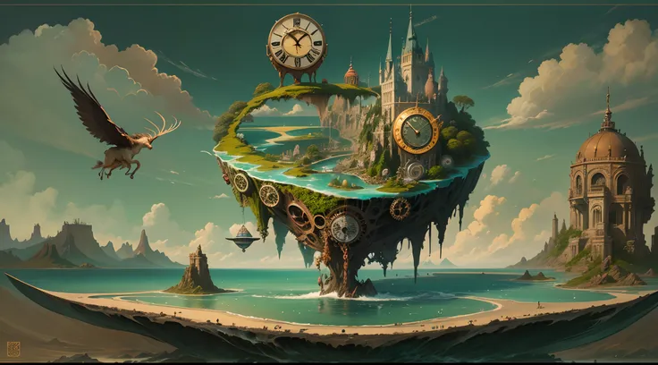 Surrealist painting of a floating island with giant clock gears, populated with mythical creatures.