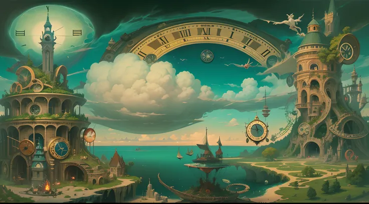 Surrealist painting of a floating island with giant clock gears, populated with mythical creatures.