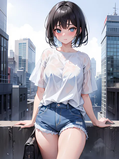 1girl, short black hair, blushing, blue eyes, wearing plain white shirt, denim shorts, city, absurdres, high res, ultrasharp, 8K, masterpiece, looking at viewer