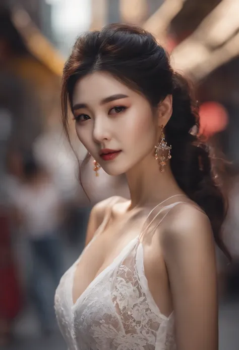 ultra realistic, best beautiful korean girl, black wavy hair, high bun hair , on street, c-string, cleavage, white tank top, lacy clothes