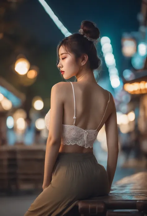 ultra realistic, best beautiful korean girl, full body, wavy hair, high bun hair, on street, c-string, cleavage, white tank top, lacy clothes, medium boob, close eyes