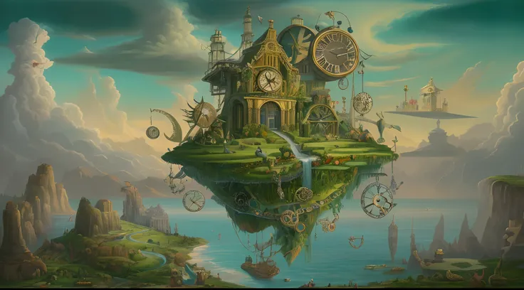 Surrealist painting of a floating island with giant clock gears, populated with mythical creatures.