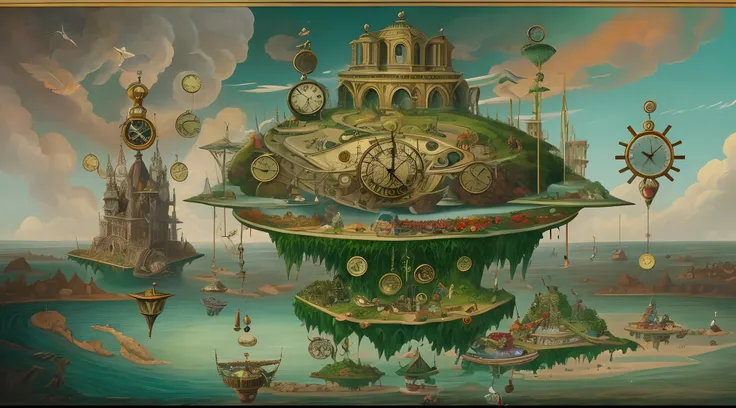 Surrealist painting of a floating island with giant clock gears, populated with mythical creatures.