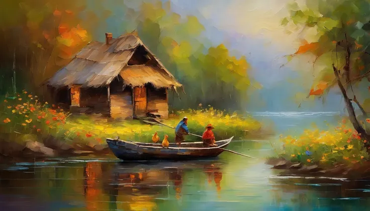 There are a old hut beside the river, a fishing boat near hut over the water, ((ducklings are swimming near the boat)), flowers are blooming beside the hut, an old man smoke and sitting in front of the hut. Masterpiece art work.