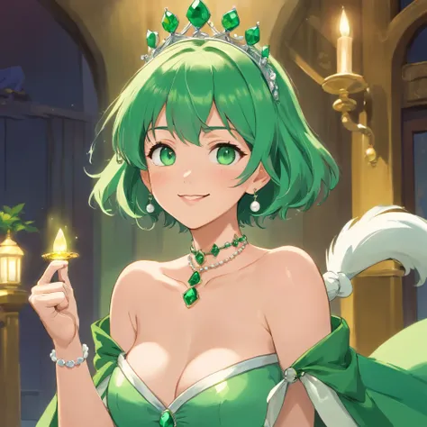 emerald tiara, Green Pearl Necklace, Boyish very short green hair, lipsticks, Japan woman smiling, very short short hair, fist, big breasts beautiful, Green eyes, Long green gloves made of satin material, Green eyes, Emerald Earrings