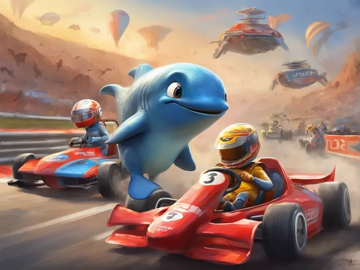 Three cartoon characters are riding on a track with helmets, New AI race, Alien racing drivers, f 1, race, helmet instead of head, helmet is off, Drivers, Ferrari, Formula 1, F1 cars blurred on the background, :underage::clown:, :whale2: as :elephant: as :...