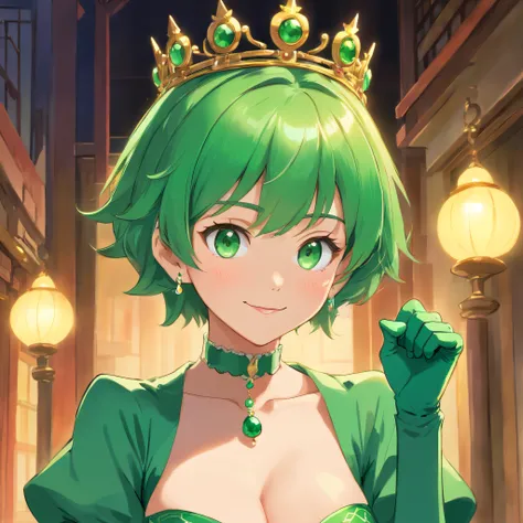 emerald tiara, Green Pearl Necklace, Boyish very short green hair, lipsticks, Japan woman smiling, very short short hair, fist, big breasts beautiful, Green eyes, Long green gloves made of satin material, Green eyes, Emerald Earrings