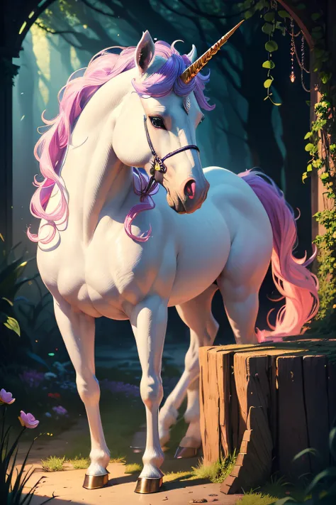 best quality,4k,8k,highres,masterpiece:1.2,ultra-detailed,realistic:1.37,stunningly detailed unicorn with a majestic presence,beautifully crafted magical creature:1.1, vibrant colors,sparkling eyes,long lashes,shimmering mane and tail,golden horn:1.1,mysti...