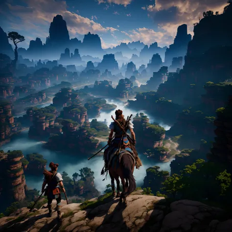 A man on the mountain rode across a river,Walk towards the temple， horizon zero dawn 8 k, horizon zero dawn aesthetic, most epic landscape, epic landscapes, Horizon Zero Dawn, From the horizon: Zero, Beautiful and cinematic lighting, beautiful epic vista, ...