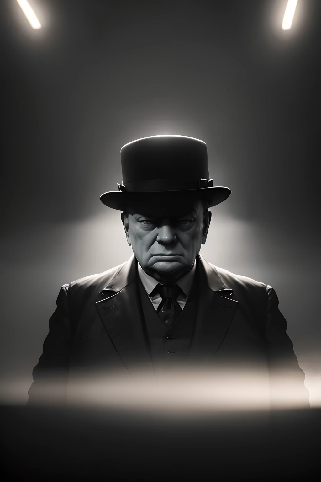 Create an inspired 8K image depicting Winston Churchill, immortalized as a statue. Set the scene in a dark and mysterious environment, with the figure blurred but enigmatically illuminated by epic lights and shadows. The resulting image should exude the au...