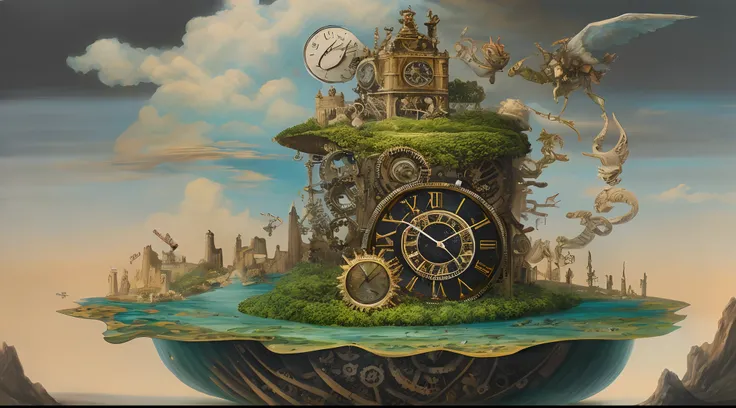 Surrealist painting of a floating island with giant clock gears, populated with mythical creatures.