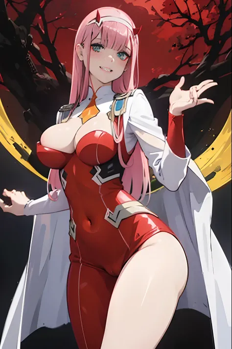 zero two (darling in the franxx), darling in the franxx, 1girl, bangs, biting, blush, covered navel, eyeshadow, green eyes, hair behind head, hand on hip, horns, smile, long hair, looking at viewer, makeup, pilot suit, red suit, pink hair, red eyeshadow, s...