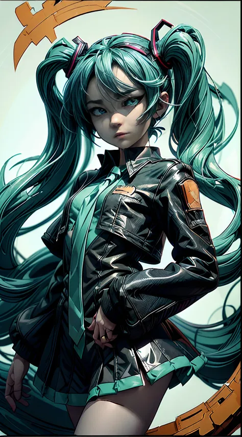 midshot, (cel-shading style:1.6), centered image, ultra detailed illustration of hatsune miku, posing, (tetradic colors), inkpun...