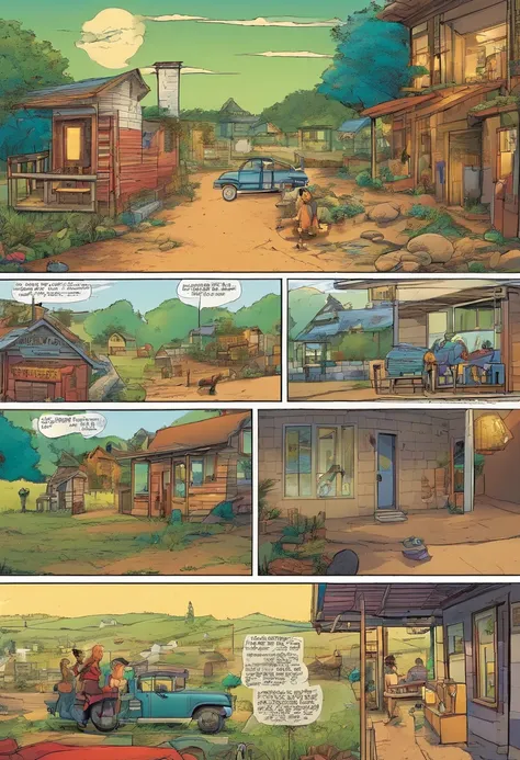 quadrinhos americanos, The comic is presented in several irregular panels with colors. The short-haired American dog struggles as it runs away from home and then reunites with its owner. The style is exaggerated and detailed