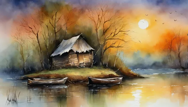 There are a old hut beside the river, In the twilight of the night, two small boats are tied together next to the river bank. A tree is bending over the bank. Full moon night scene.masterpiece art work.