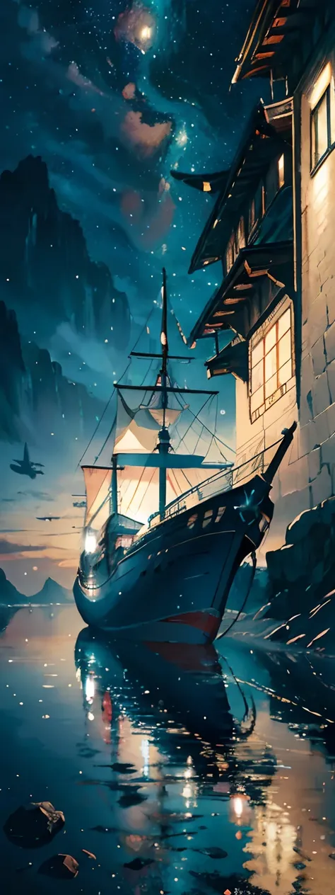 there is a small boat with wings that is floating on the water at night time with stars,cgsociety, space art, Romantic fantasy, Anime, detailed painting, Artstation, detailed matte painting, deviantart, Landscape, fantasy art, picture, sink49, matte painti...