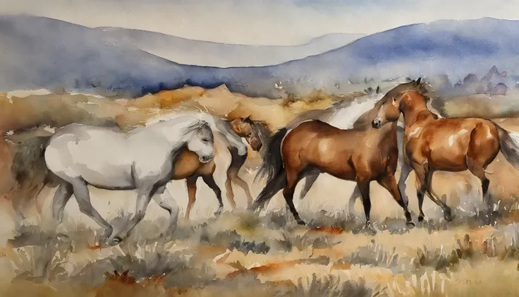 9 horses，Nine Jun Diagram, Watercolor painting, watercolor paiting, watercolor paiting, Watercolor painting, watercolor on paper, Watercolor on canvas, detailed watercolour, Colorful watercolor painting, Watercolor on paper, watercolor paiting, fantasy wat...