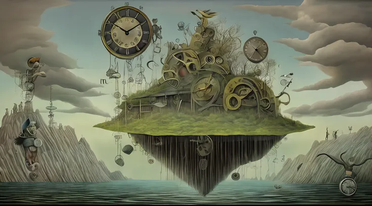 Surrealist painting of a floating island with giant clock gears, populated with mythical creatures.