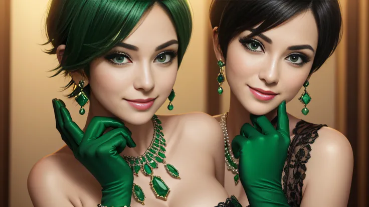 emerald tiara, Green Pearl Necklace, Boyish very short green hair, lipsticks, Japan woman smiling, very short short hair, fist, big breasts beautiful, Green eyes, Long green gloves made of satin material, Green eyes, Emerald Earrings, lesbian ,the kiss