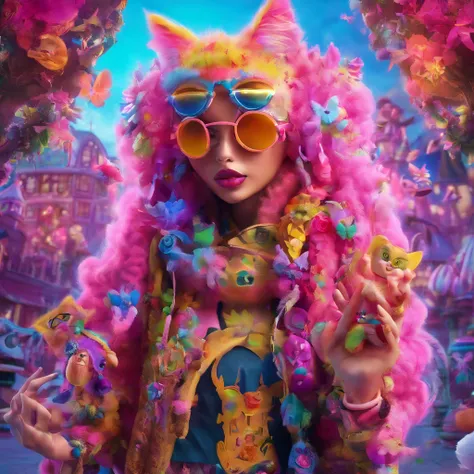 In a whimsical kawaii cafe, Kitten Fluffy, crafted from highly detailed curling, thin glowing multi-colored smoke, dons a rose flower hoodie and fancy funny stylish giant shiny sunglasses. Against a backdrop of vibrant neon typography spelling VIKUSIA, FAI...