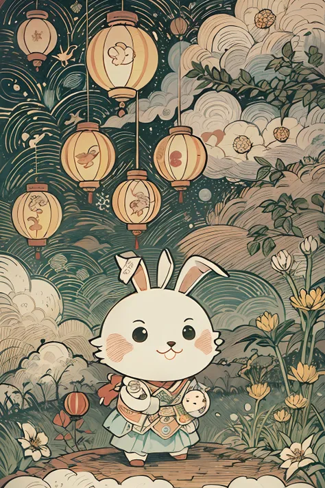 themoon， Clouds， Skysky，Yamakawa， a cute bunny，Travel home，mid-autumn festival，lanterns，Picture books，Traditional media，high high quality，