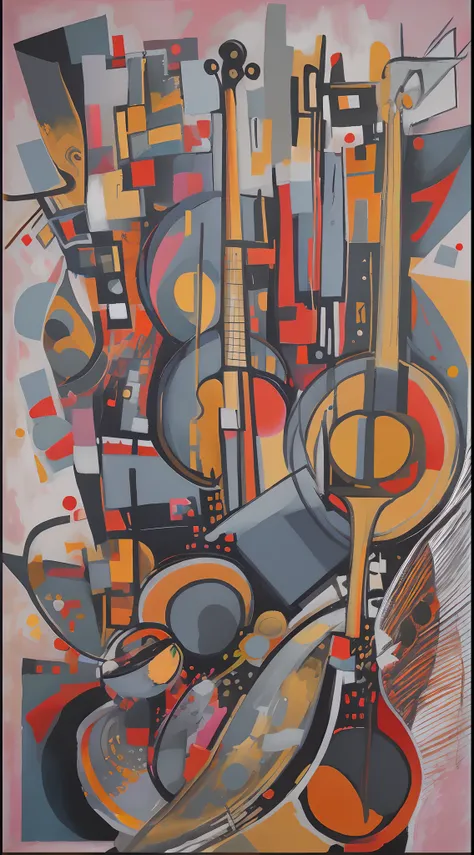 Abstract painting representing the sound of jazz music, using vibrant colors and erratic shapes