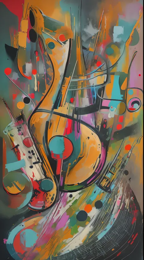 Abstract painting representing the sound of jazz music, using vibrant colors and erratic shapes